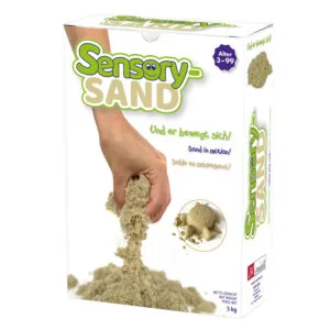 Sensory sand is kinetic sand. You must have seen and felt this play sand. You can knead with it, make shapes, it does not stick and does not dry out