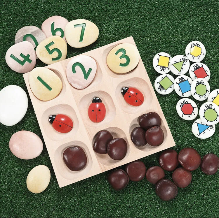 Wooden sorting bin with no less than 9 compartments to sort products by color, shape or number. Or to take me and collect beautiful discoveries from nature