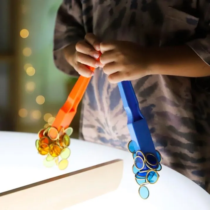 Magnetic set consists of 2 magnetic bars and 100 colored plastic chips. A nice set to teach children about magnetism within primary education.