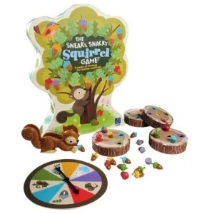 The Sneaky Snacky Squirrel game is a strategy game for the whole family that teaches tactical thinking, hand-eye coordination, fine motor skills and matching.