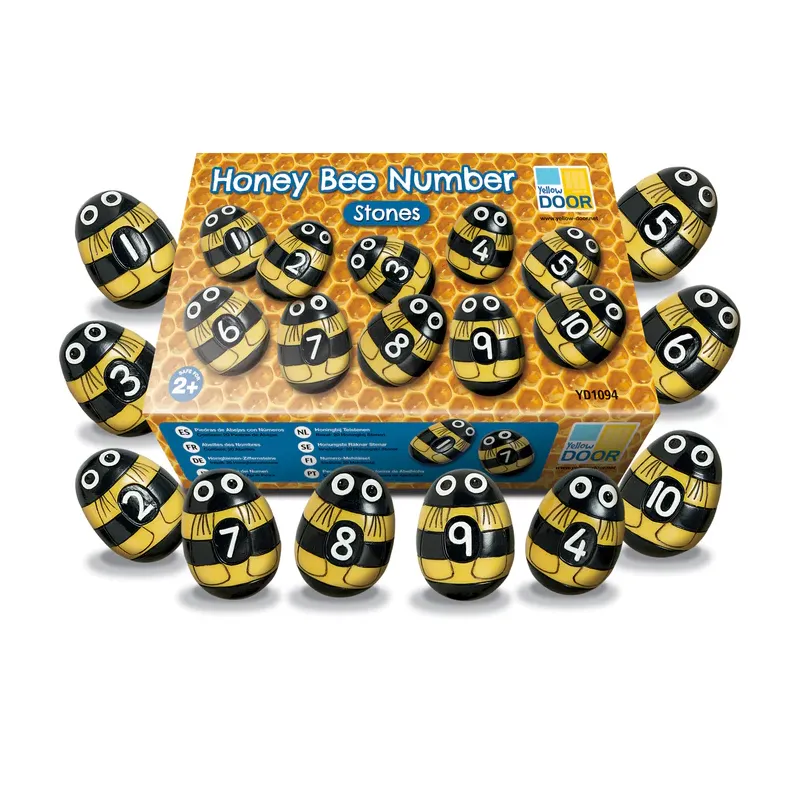 Yellow Door Honeybee Number Stones Set – 20 stones and resin bees with numbers 1-10, ideal for counting, addition, subtraction and first math exercises in children