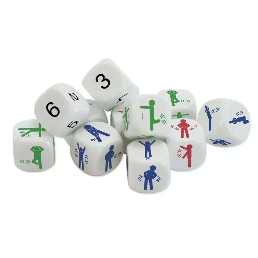 The dice set movements are, as it were, a kind of story dice with which you can playfully let children move in between. Handy energizer for the classroom!