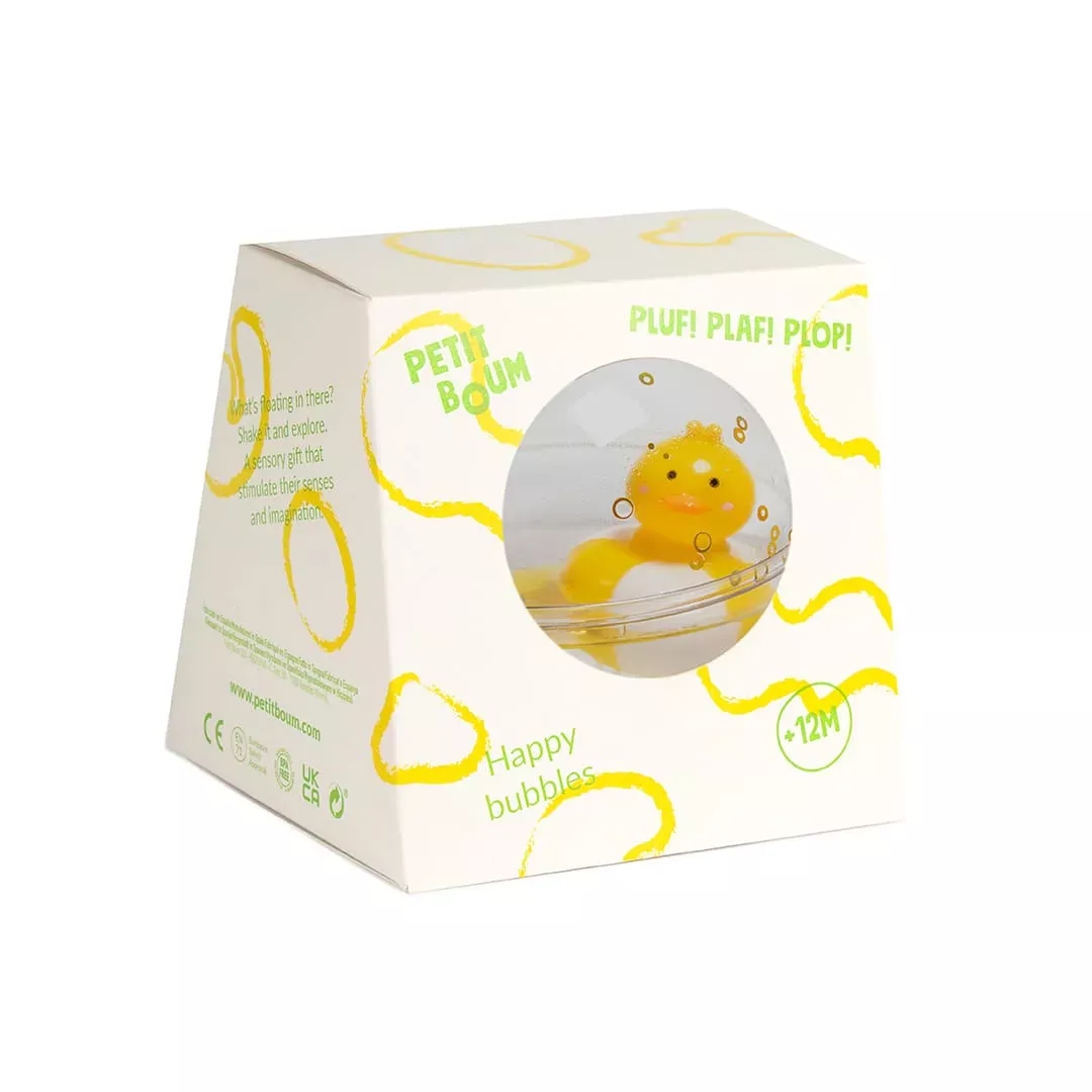 Petit Boum Happy Bubbles Duck floating in water, perfect interactive bath toy for babies