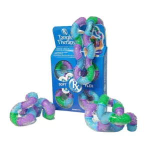 De Tangle therapy bevat een siliconen omhulsel met textuur en is een eindeloze beweging. Je houdt de Tangle in een of twee handen en draait, vormt en buigt. Er is geen goed en geen fout. Geen voorbeeld en geen doel.