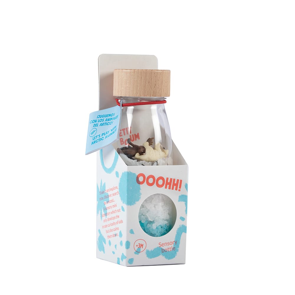 Petit boum spy bottle antartica. This sensory bottle gives an impression of life at the north pole and the south pole. Shake and discover the polar animals