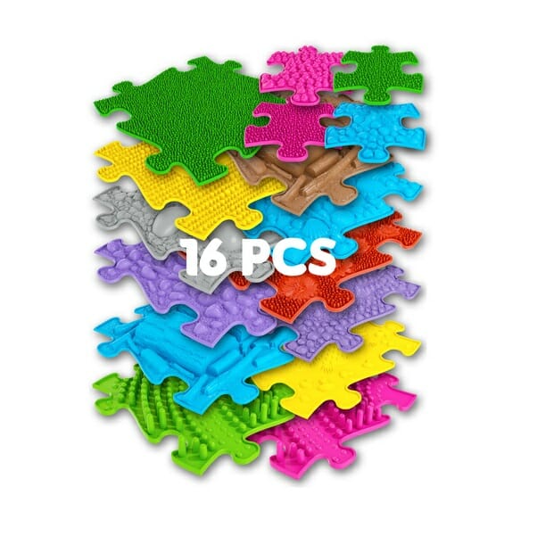 Muffik puzzelvloer bestaat uit losse puzzels met textuur. Gebruik het om tactiele prikkels uit te dagen.