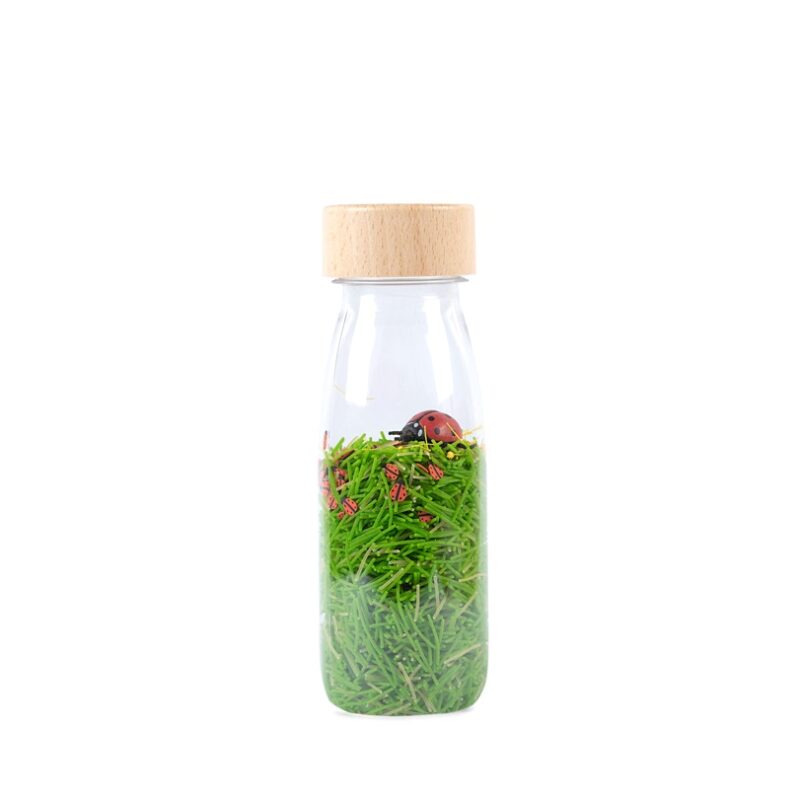 Petit boum Sound Bottle Ladybirds is een sensorische fles gevuld met gras en lieveheersbeestjes. Schud, luister en kijk.