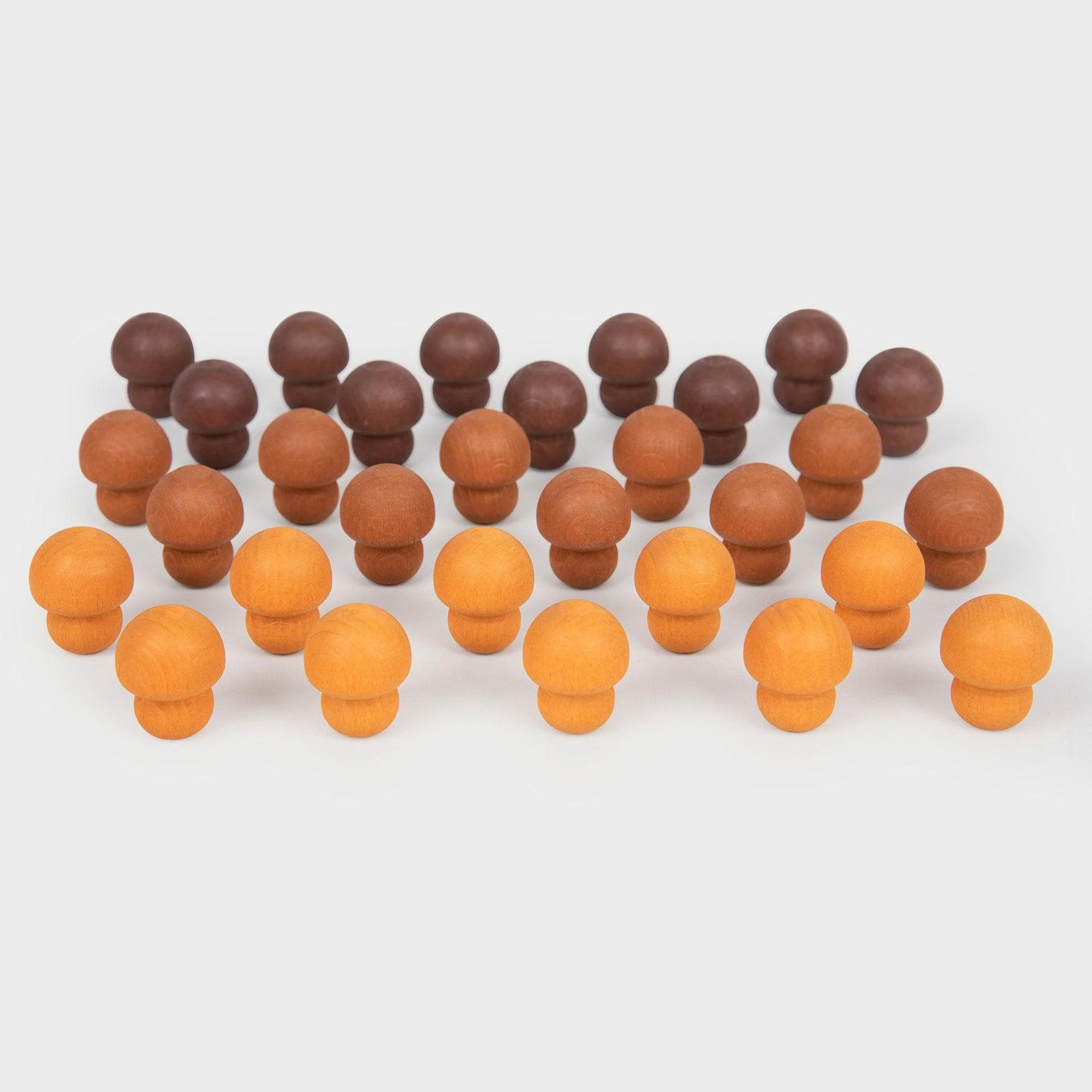 The wooden treasures mushroom set consists of mushrooms in three shades of brown. This color stands for stability and comfort. Wooden Treasures are a versatile, open-ended resource designed to stimulate the imagination