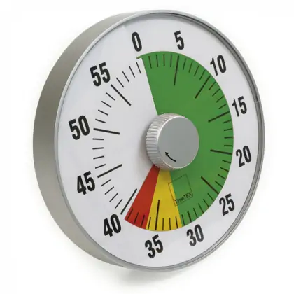 Timer Geluidloos Stoplicht is een tijdsklok waarbij de verstreken tijd in 3 kleurvakken wordt aangegeven: rood betekent dat de laatste minuten aanbreken.