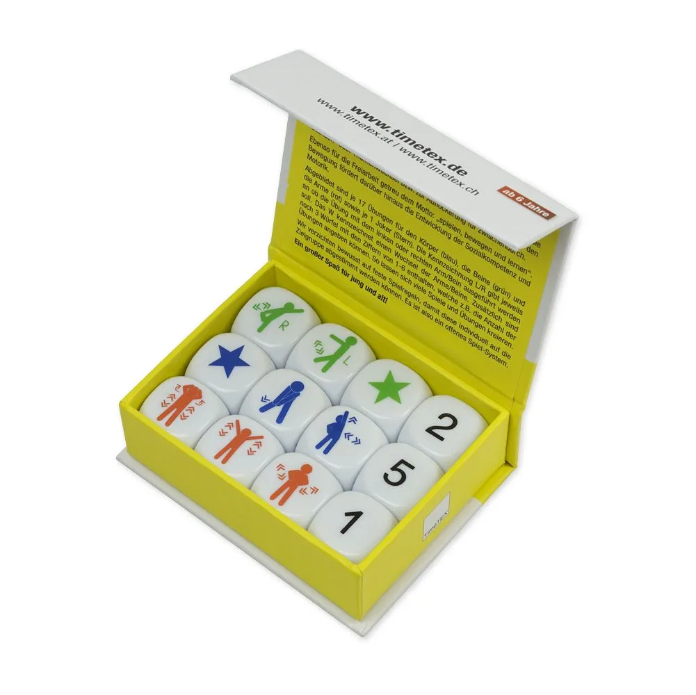 The dice set movements are, as it were, a kind of story dice with which you can playfully let children move in between. Handy energizer for the classroom!