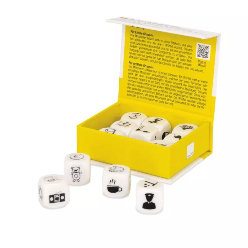 Dobbelsteen set Fantasie stimuleert creativiteit en fantasie. Kinderen dobbelen met een paar stenen en vormen, aan de hand van de afbeeldingen verhalen.