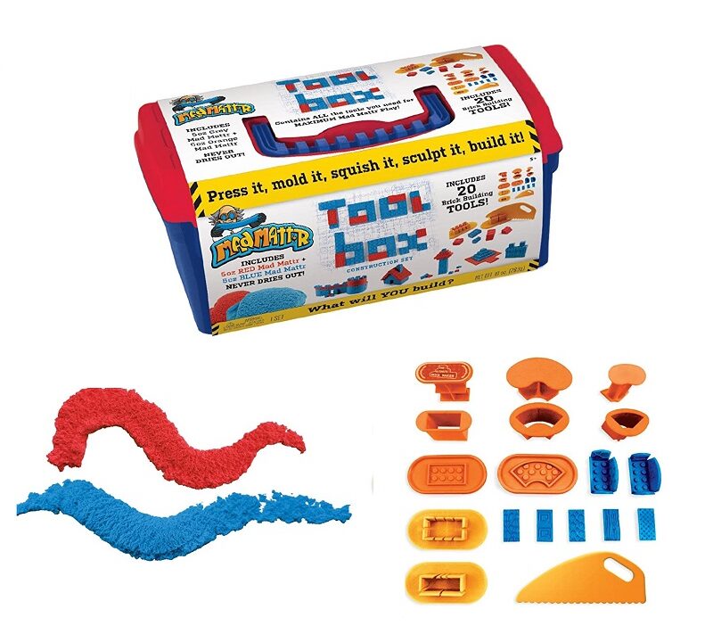 The Mad mattr toolbox is a plastic toolbox filled with 20 tools to make stones and great constructions with madmattr play sand. Includes 2 bags of play clay.