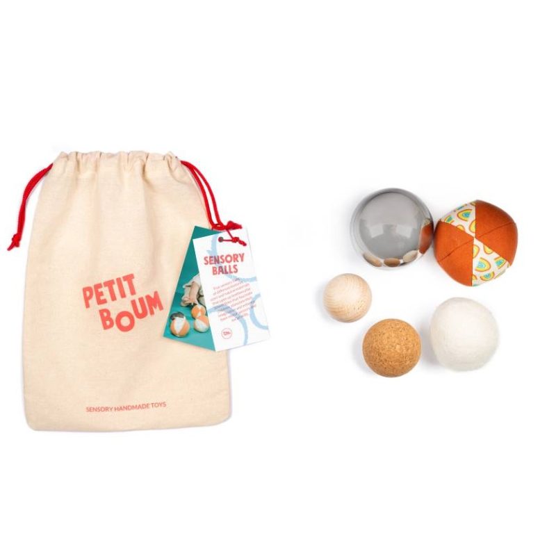 Sensory balls set from petit boum. A set of 5 different balls, all of different size, weight and texture. Challenge your child with this fun ball set.