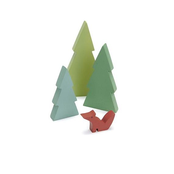 Trees set from Tender Leaf Toys consists of 3 simple pine tree silhouettes colored in different shades of green and a cute little fox. This set is a nice addition to small world play.