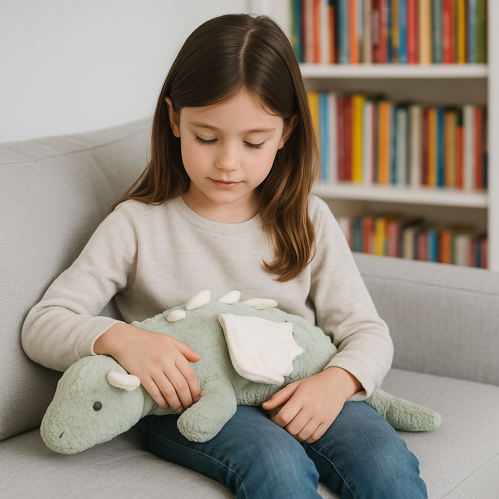 A soft, weighted cuddly toy in the shape of a dragon with calming colors, designed to help children relax and feel safe.