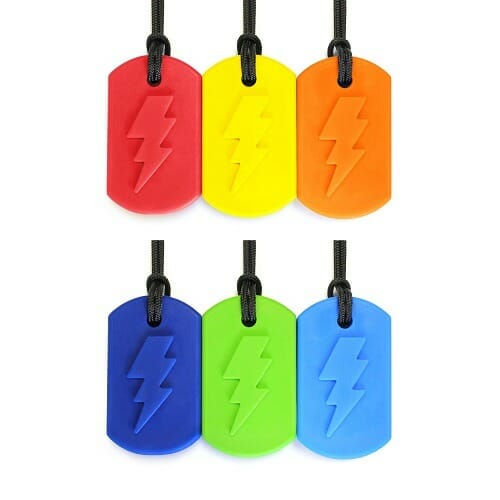 A cool chewing piece of jewelry from ark therapeutic is this bolt bite, also known as just lightning. This chew chain is suitable for children who have reasonable chewing needs. It's a sturdy design, with texture that fidgeters also like. Which color of this chewing jewelry is your favorite?