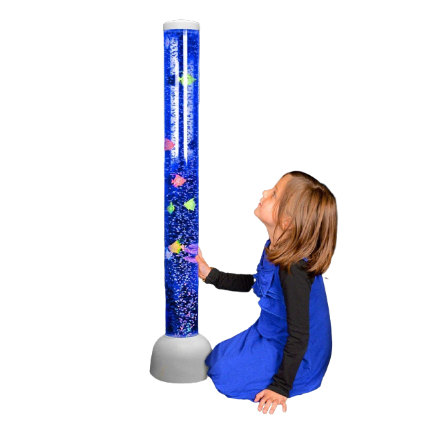 bubble tube with fish is wonderful sensory snoezel material. children with autism but also with a disability or elderly people with dementia, looking helps to de-stimulate