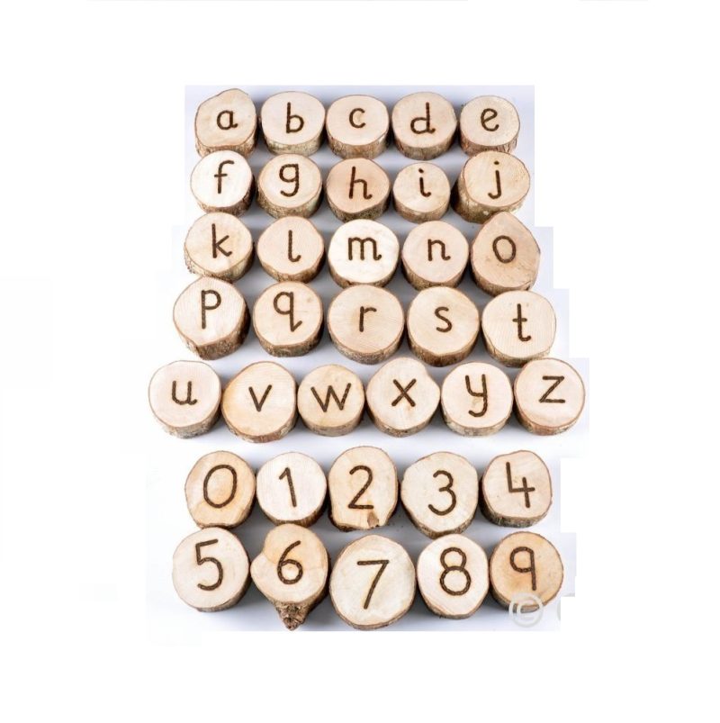 wooden number and lettering stones for educational play outside or inside