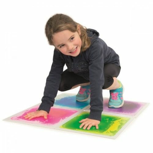 sensory floor tiles are filled with liquid and color. By walking on it you can see the liquid moving. Fun way to challenge exercise in children and adults.