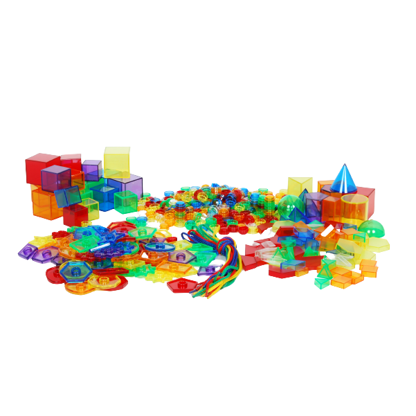 TickiT's geometric shapes school set consists of nearly 500 translucent acrylic geometric figures and laces. These products are ideal for use on a light plate for exploring mathematical topics such as shape and attributes, counting and sorting, pattern and sequence.