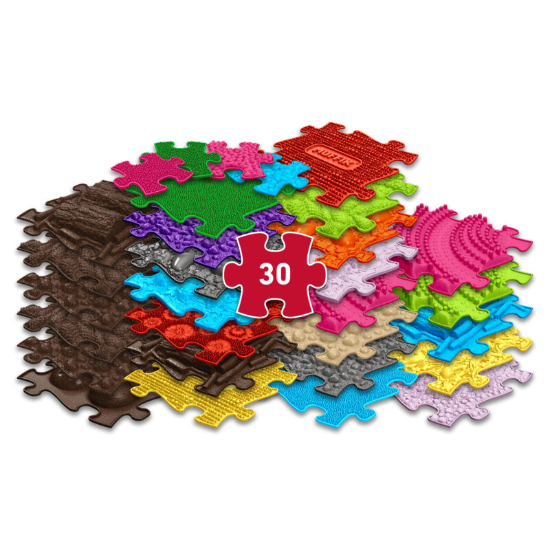 De sensorische puzzelmatten, ook wel orthopedische vloer genoemd, dagen kinderen uit om kennis te maken met diverse texturen.