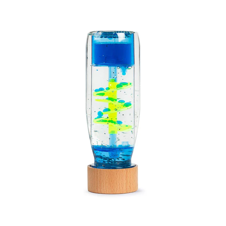 Relaxing sensory bottle Move Bottle Spiral Blue from Petit Boum – colourful liquid droplets in motion for peace and visual wonder.
