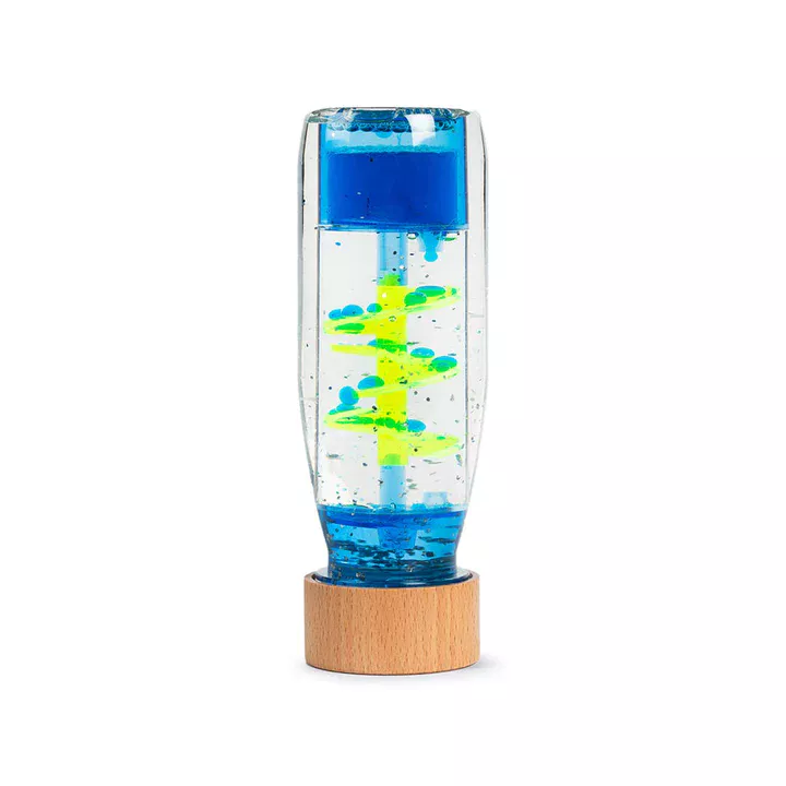 Relaxing sensory bottle Move Bottle Spiral Blue from Petit Boum – colourful liquid droplets in motion for peace and visual wonder.