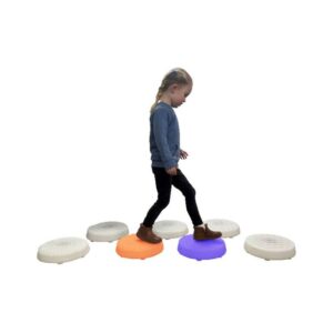 Set of 7 interactive light and sound tiles with different colors and textures, touch-sensitive and rechargeable via USB.