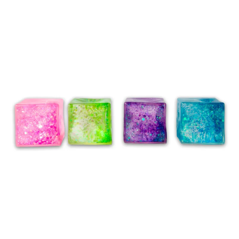 Scrunchems Glitter Cube, a soft squishy cube with glitter and gel filling, perfect for relaxation, stress reduction and sensory play.