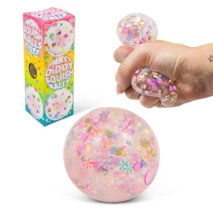 Colorful squishy balls with party figures. Ideal fidget toy for tension and restlessness. Helps children relax and focus.