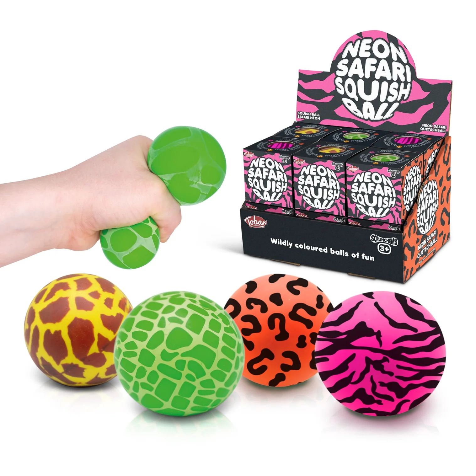 Neon safari stress balls from Scrunchems. Soft and malleable fidget toy that helps with tension, restlessness and concentration. Ideal for home and school.
