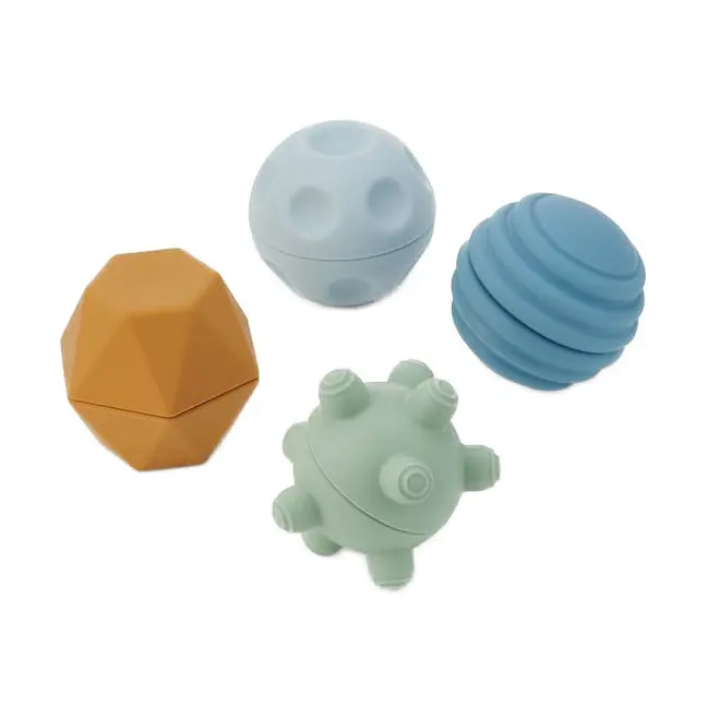 Set of 4 sensory balls with different structures. To be filled for sound and extra experience. Stimulates senses and motor skills.